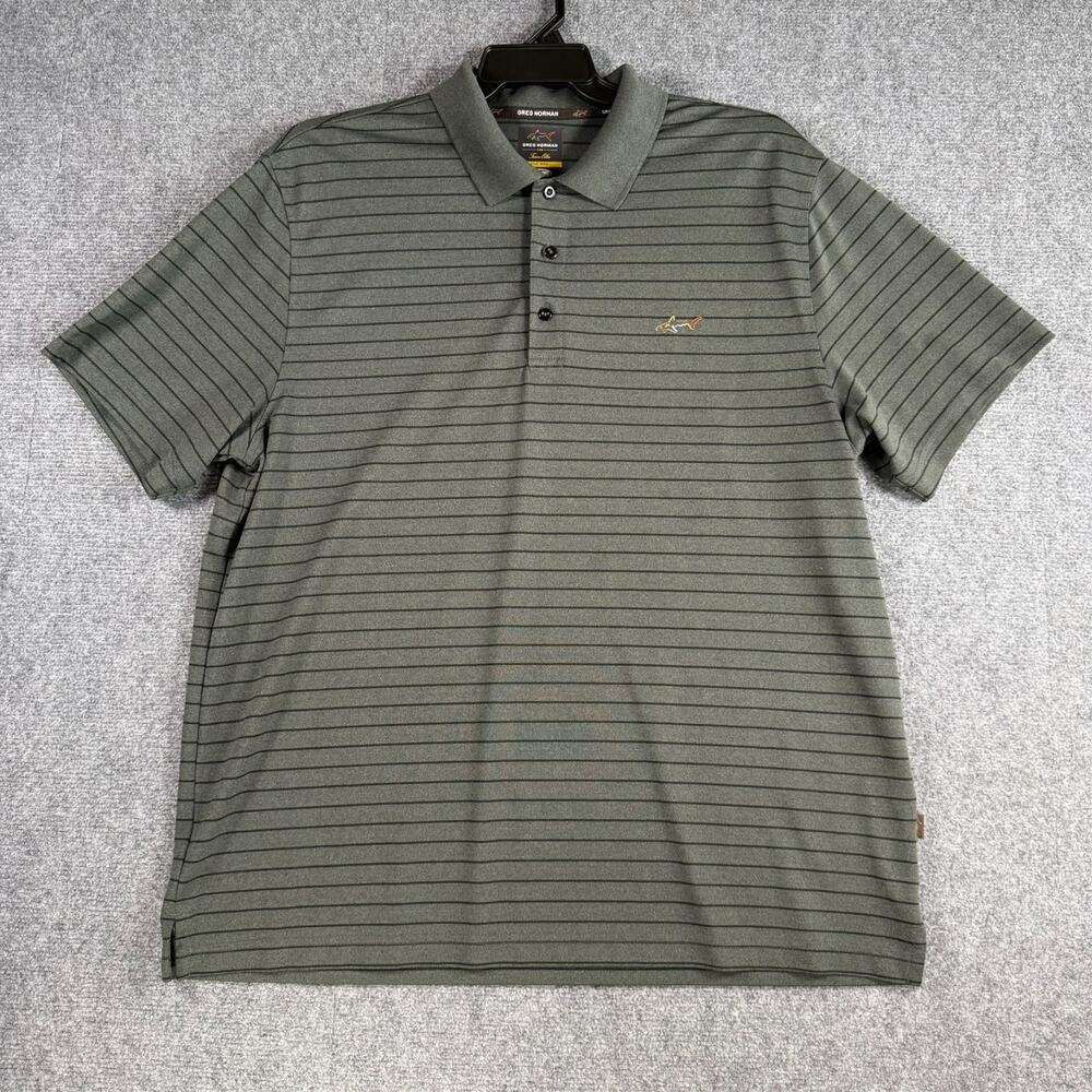 Golf Polo Greg Norman Tasso Elba Five Iron Play Dry Gray Black Stripe XL Logo